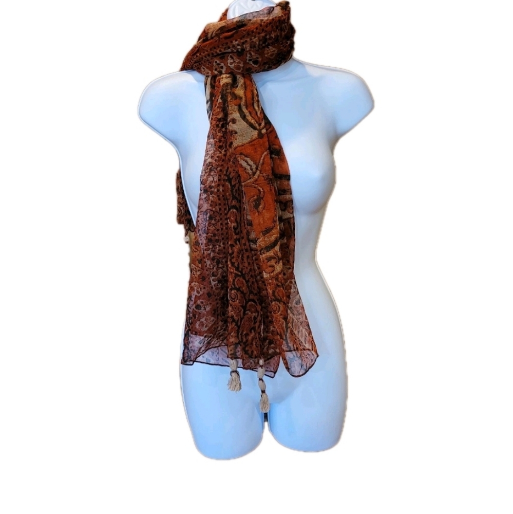 NWT Lucky Brand Sheer Geometric Print Scarf Shawl 49" Square Tassles Lightweight